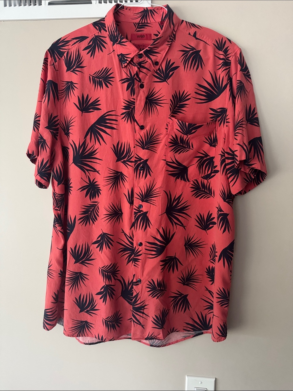 Hugo Hugo Boss Coral Short-Sleeve Button-Down with Black Palm Print